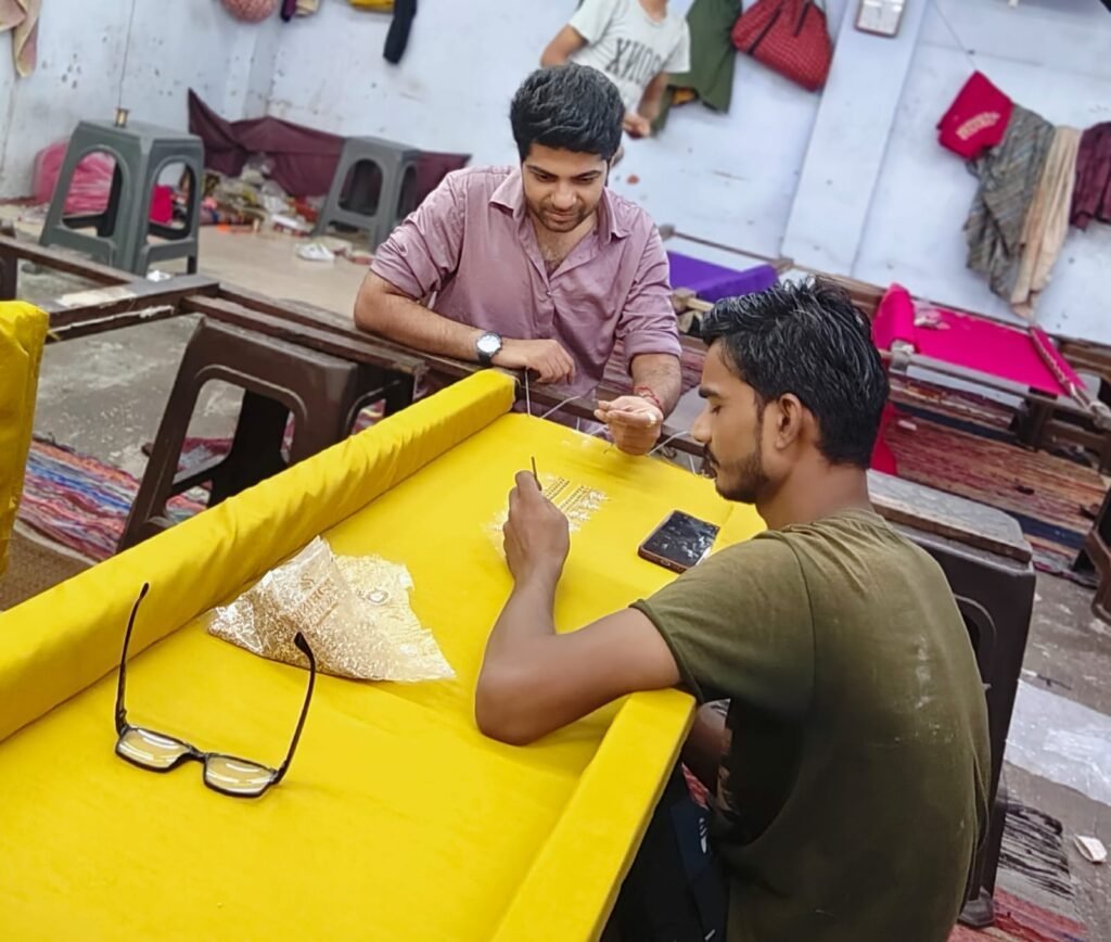 Khatli handwork embroidery process at Kanya Creation factory
