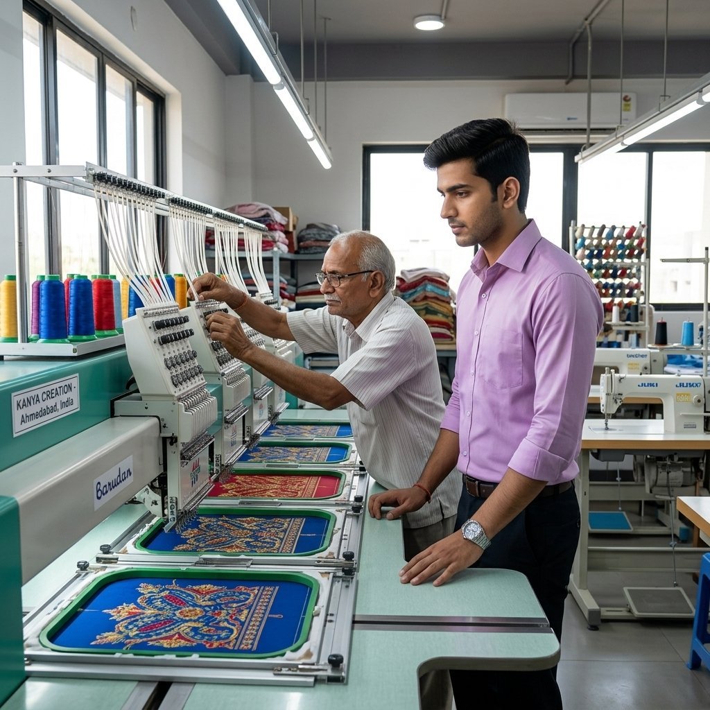 Machine embroidery supervision by owner at Ahmedabad factory